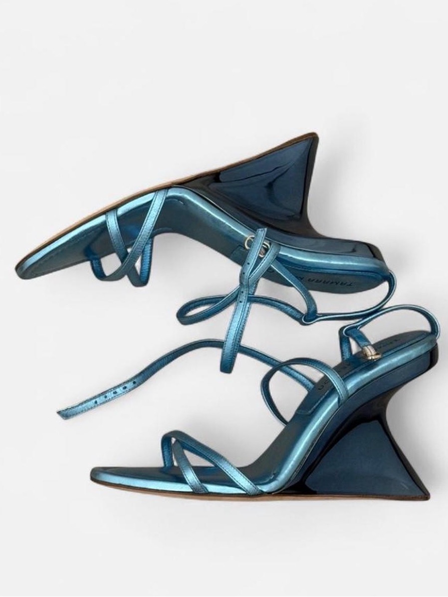 Tamara Mellon Metallic Blue Strappy Kitten Heel Sandals